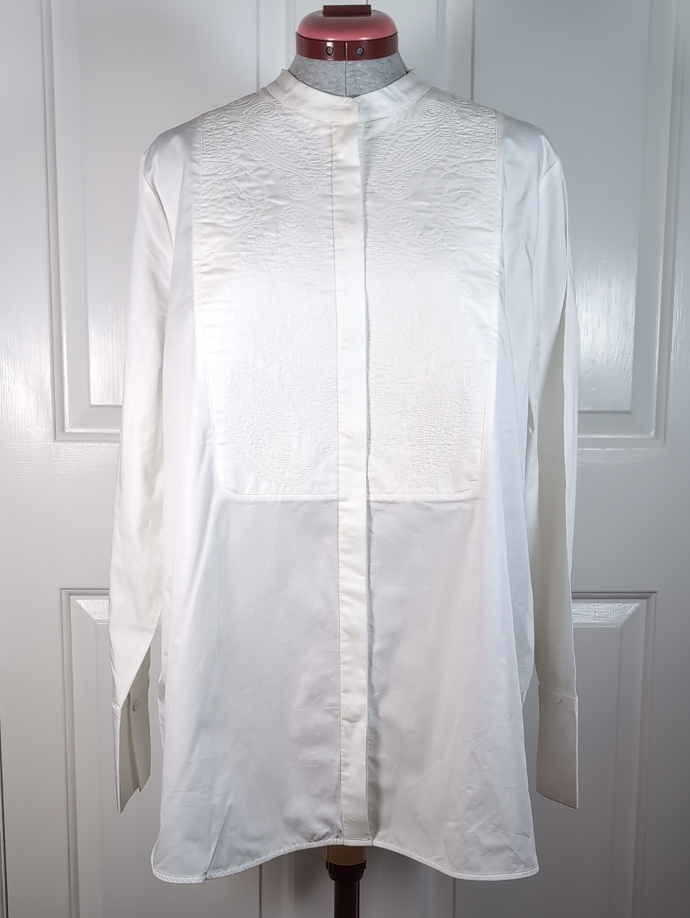 COS White Quilted Bib Tuxedo Shirt Stand Collar Long Sleeve Button Up Blouse